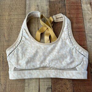 Fabletics Light Beige & White Patterned Sports Bra With Gold Straps